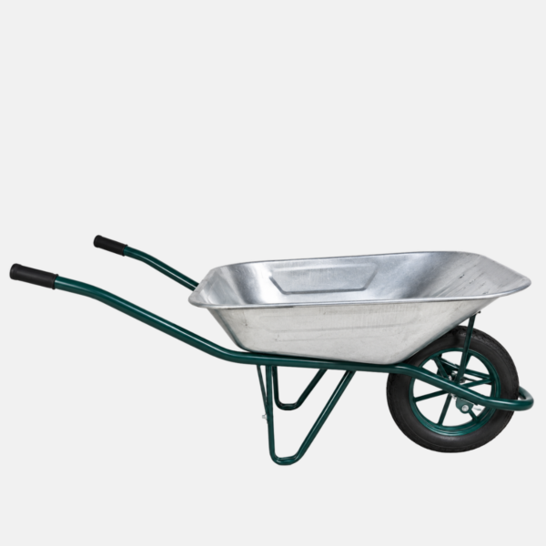 Brouette galvanisée de 65 litres de capacité.
