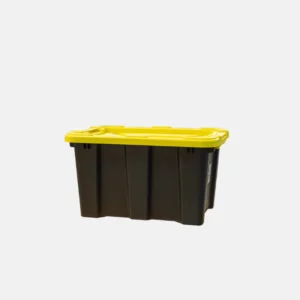 Bac noir de 25 litres avec un couvercle jaune.