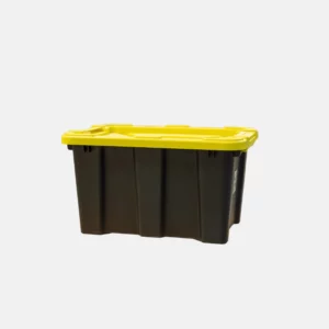 Bac noir de 55 litres avec un couvercle jaune.