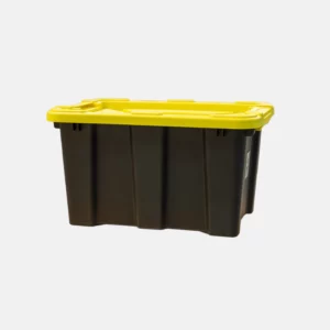 Bac noir de 100 litres avec un couvercle jaune.