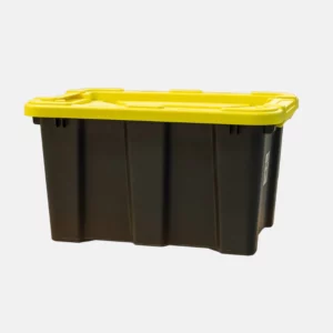 Bac noir de 150 litres avec un couvercle jaune.