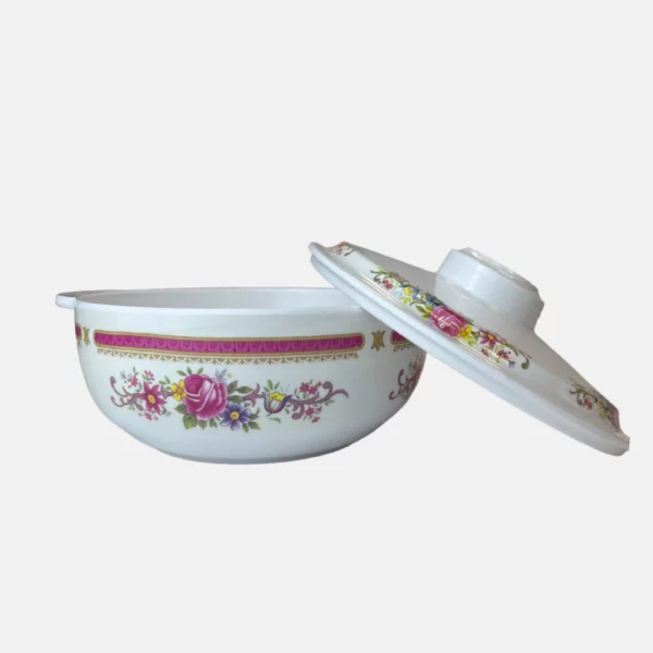 Soupière avec son couvercle en mélamine de 25.1 cm de diamètre avec des motifs rose