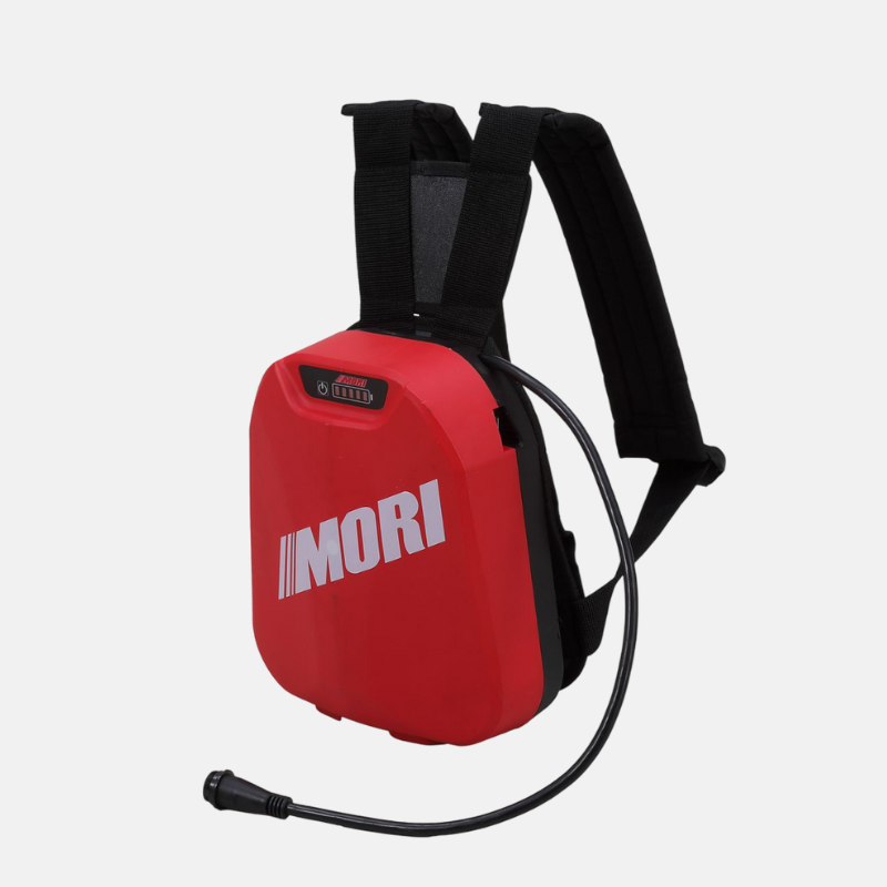 MA00391-batterie-mori-25.2ah-a-dos-chargeur Batterie MORI sac à dos de 25.2 ah et de 36 volts.