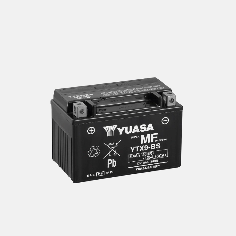 Batterie pour scooter de la marque YUASA, modèle YTX9-BS de 12 volts et de 8.4 Ah