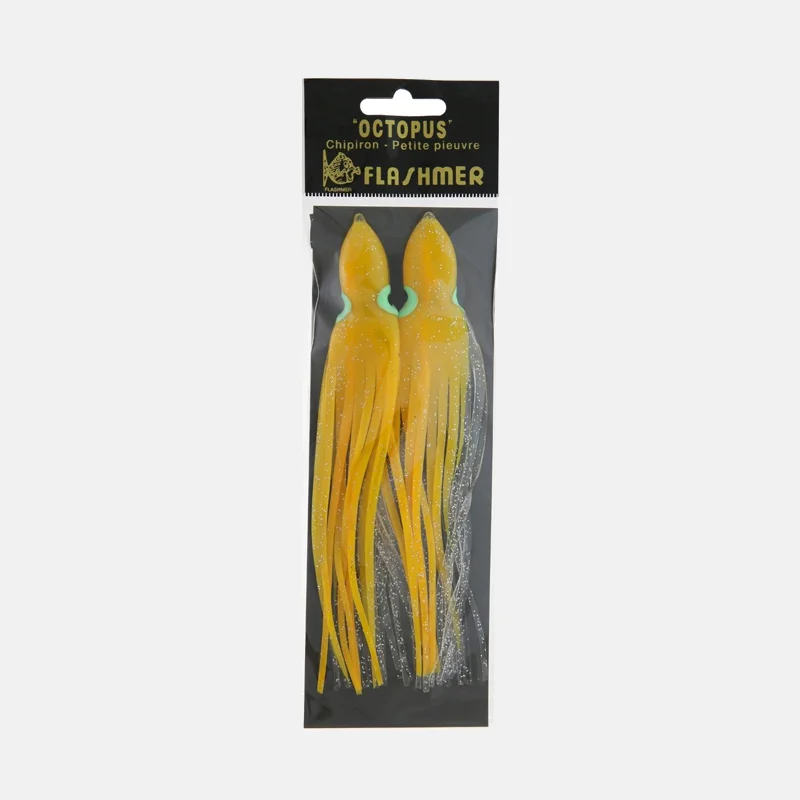 PC00156-pieuvre-17cm-jaune-paill-2pcs Pieuvre jaune pour la pêche de taille 17 cm paquet de 2