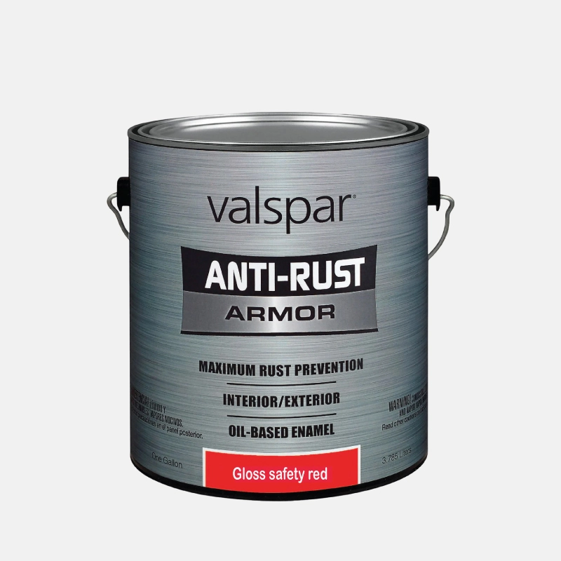 Galon de peinture de la marque VALSPAR de la gamme ANTI-RUST de couleur rouge.