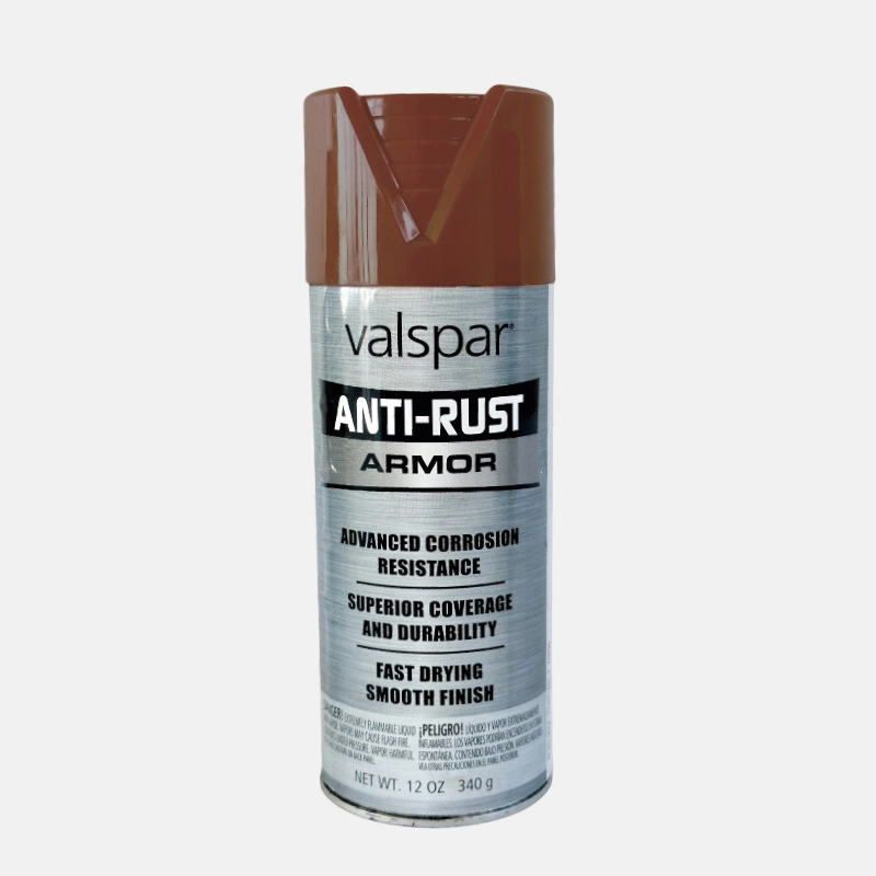 Bombe de peinture de la marque VALSPAR anti-rust de couleur marron glosé.