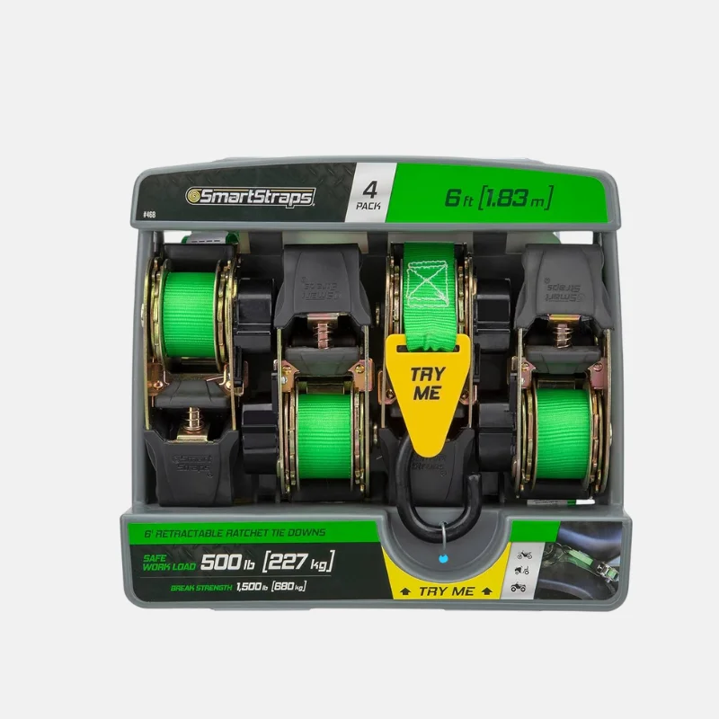 QU02103-sangle-attache-ratchet Sangle attache de 1.83 m de long, vendue par lot de 4 pour une capacité max de 680 kg