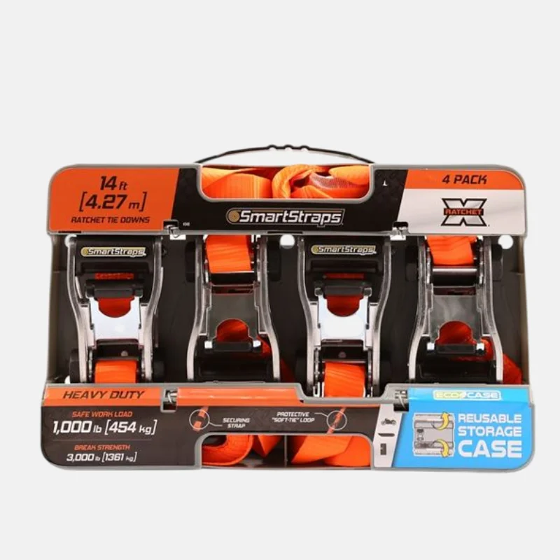 QU02106-sangle-attache-ratchet-hd4.27 Sangle attache de 4.27 m de long, vendue par lot de 4 pour une capacité max de 1361 kg.