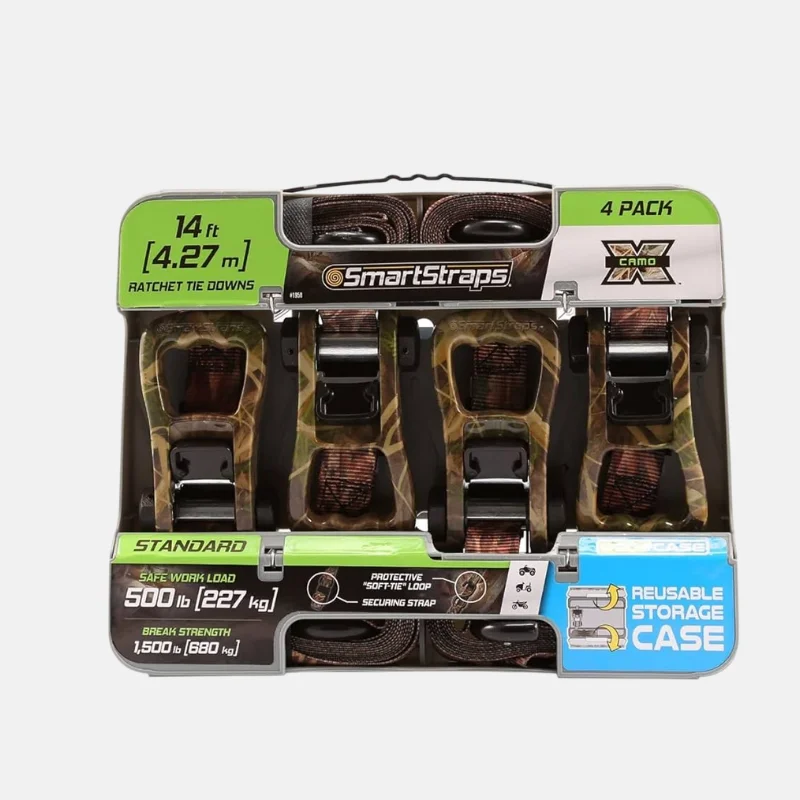 QU02109-sangle-attache-camo-4.27m Sangle attache de 4.27 m de long, vendue par lot de 4, pour une capacité max de 680 kg.