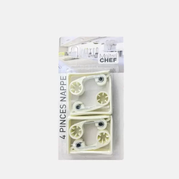 Pince à nappe de table, vendue par lot de 4 et de couleur blanche.