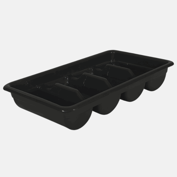 Bac à couvert en plastique avec 4 rangées et de couleur noir.