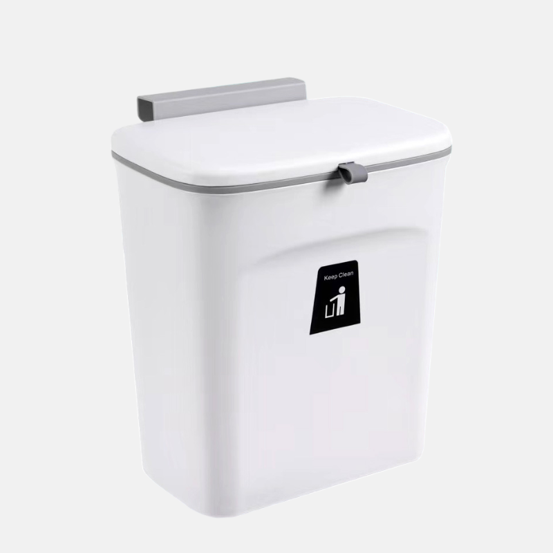 Poubelle de cuisine en plastique de 7L, fixable et en deux coloris.