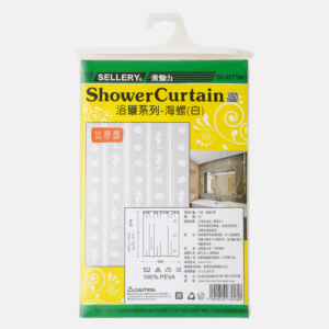 Rideau de douche de la marque SELLERY TOOLS avec des motifs de coquillages.