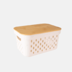 panier de rangement de 4 litres en polymère et son couvercle en bambou.