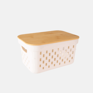 panier de rangement de 4 litres en polymère et son couvercle en bambou.