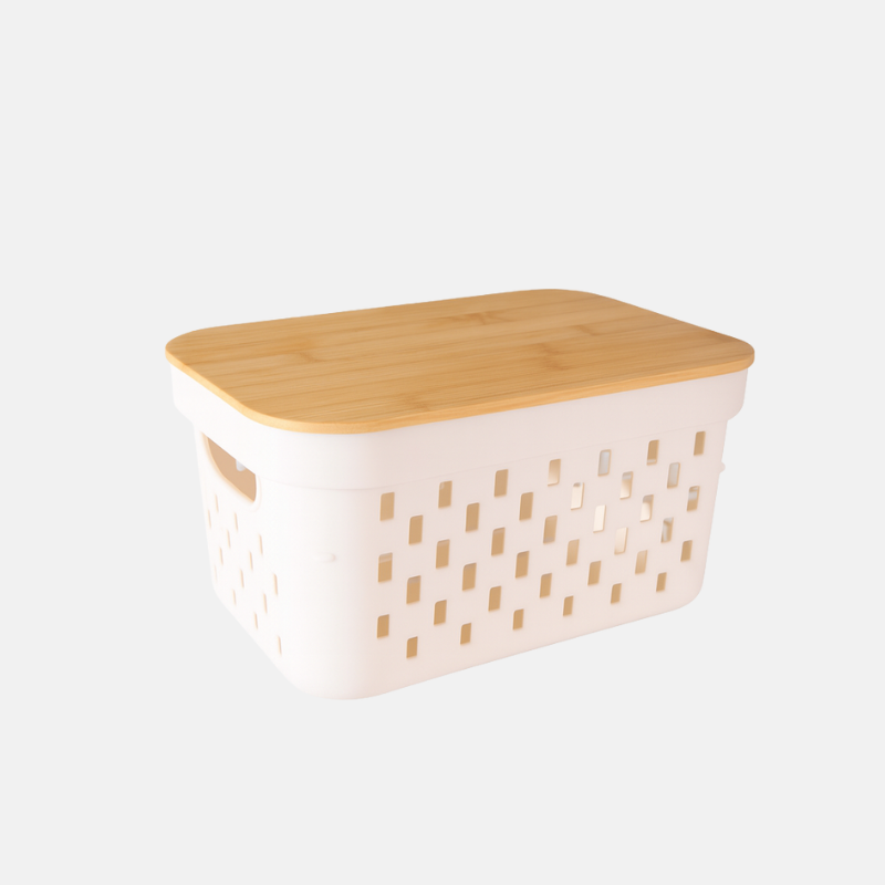 panier de rangement de 4 litres en polymère et son couvercle en bambou.
