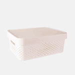 Bac de rangement de 11 litres en plastique et son couvercle.