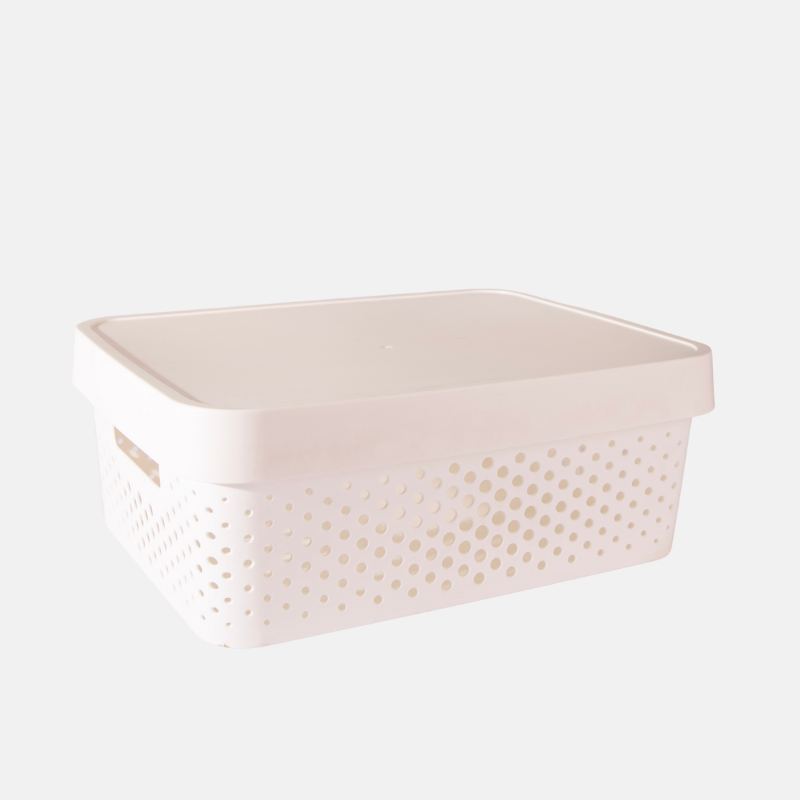 Bac de rangement de 11 litres en plastique et son couvercle.