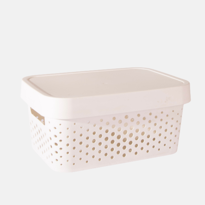 Bac de rangement de 17 litres en plastique et son couvercle.