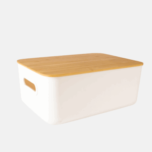 Panier de rangement de 17 litres en polymère et son couvercle en bambou.