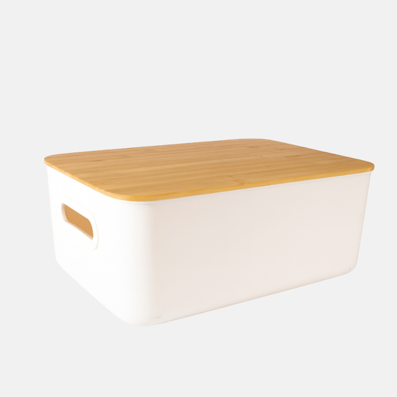 Panier de rangement de 17 litres en polymère et son couvercle en bambou.