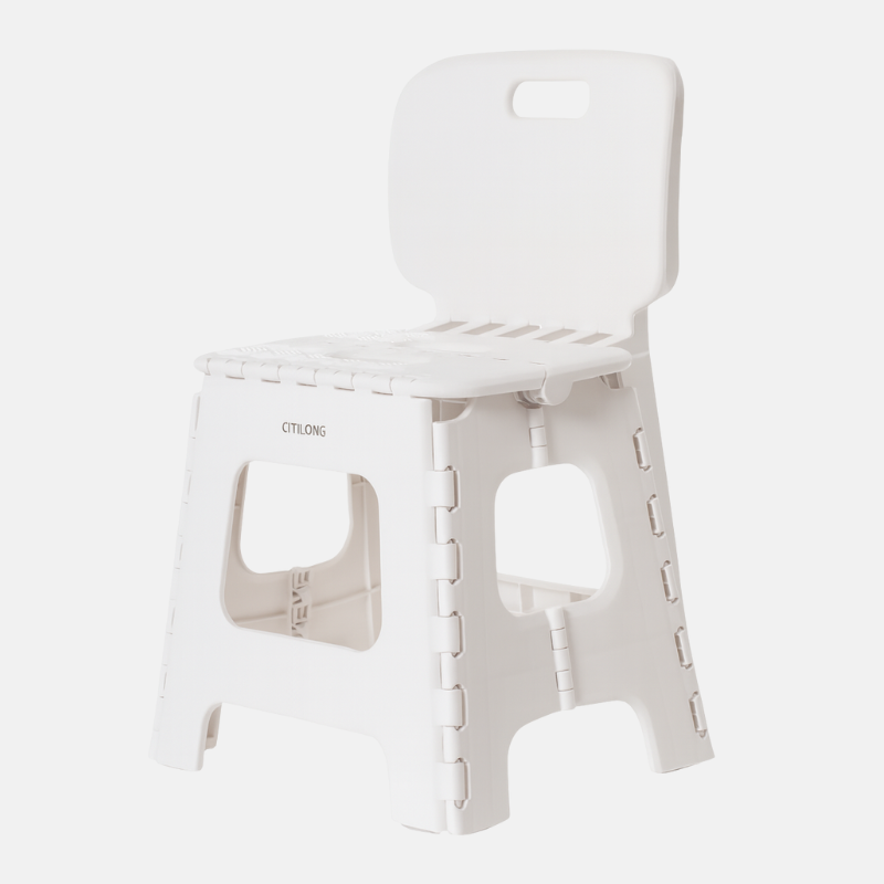 Tabouret en plastique pliable avec dossier de taille haute.