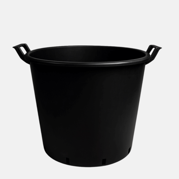 Pot noir avec poignées de 65 L, 50 cm de diamètre et 41 cm de hauteur.