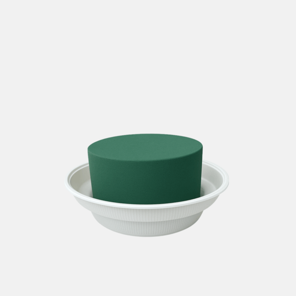 Mousse florale rond de 12 cm de diamètre avec un bol en plastique.