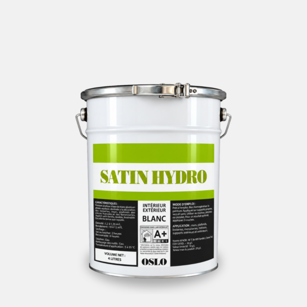 Galon de peinture blanc 4L de la marque OSLO de la gamme satin hydrolique pour l'intérieure et l'extérieure.