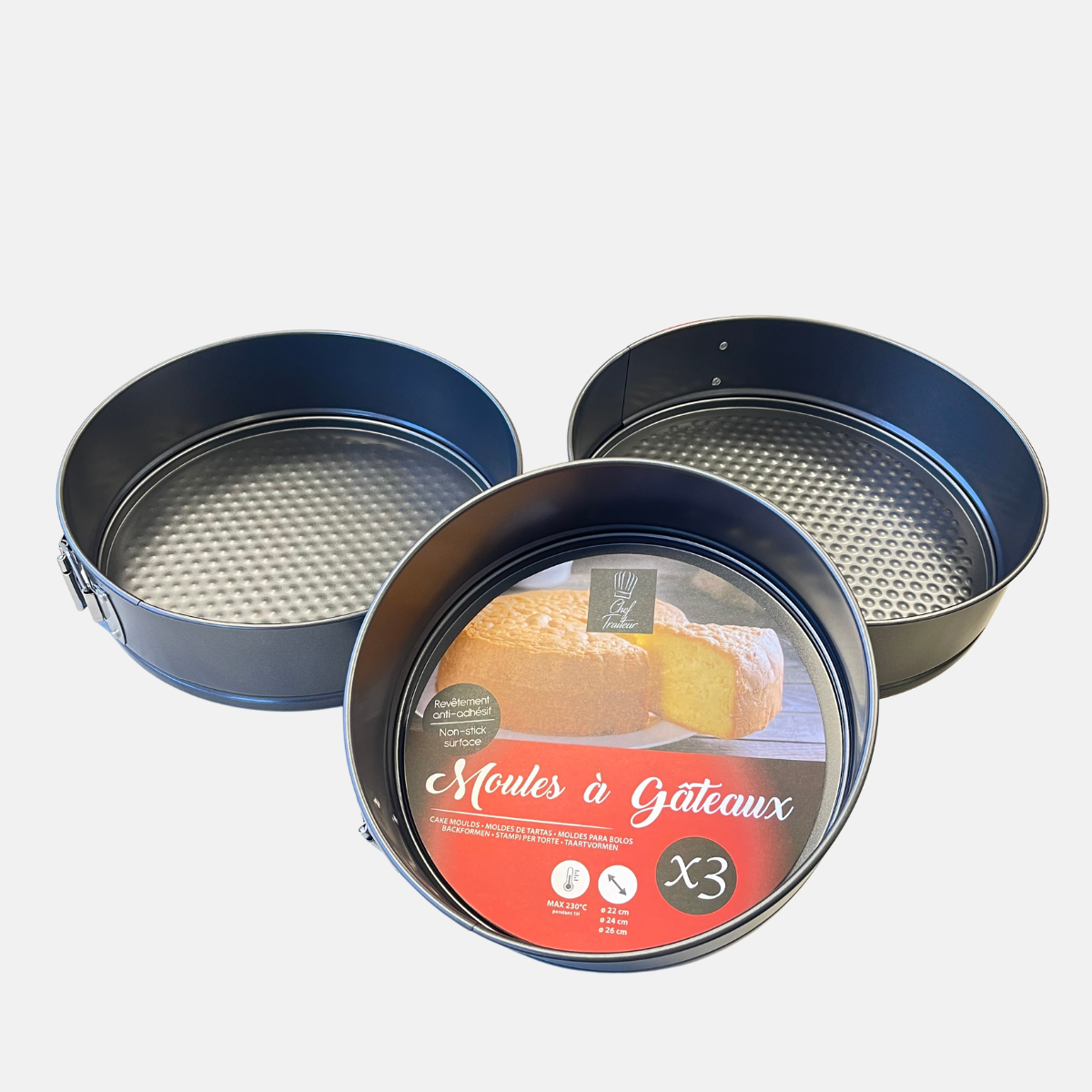 CU02497-moule-gateau-avec-charnieres-x3pcs Lot de 3 moules à gateaux en acuier inoxydable.