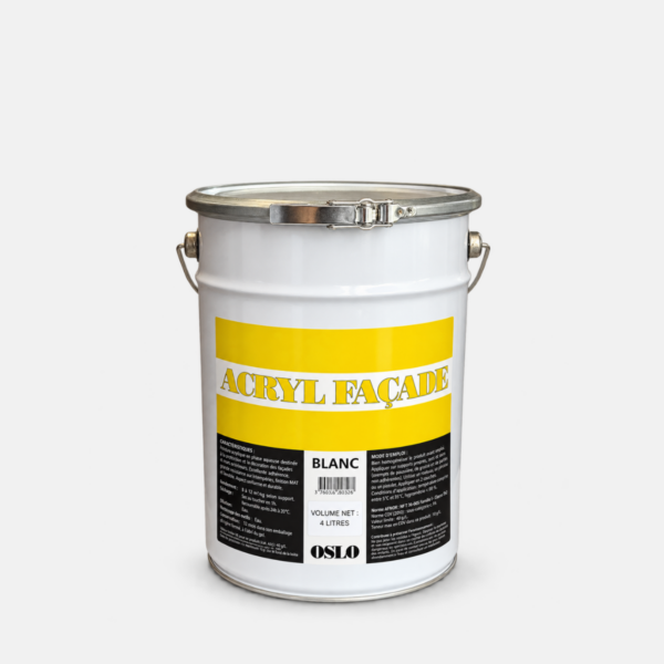 Galon de peinture 4L blanc de la marque OSLO gamme acrylique mat pour façade extérieure.