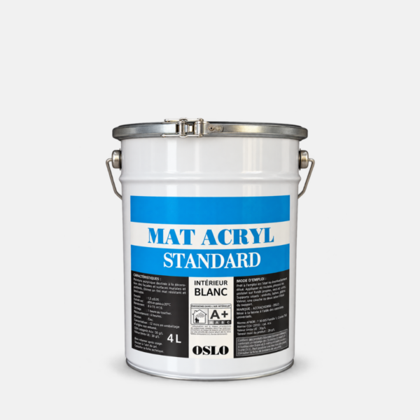 Galon de peinture blanc 4L de la marque OSLO gamme mat acrylique.