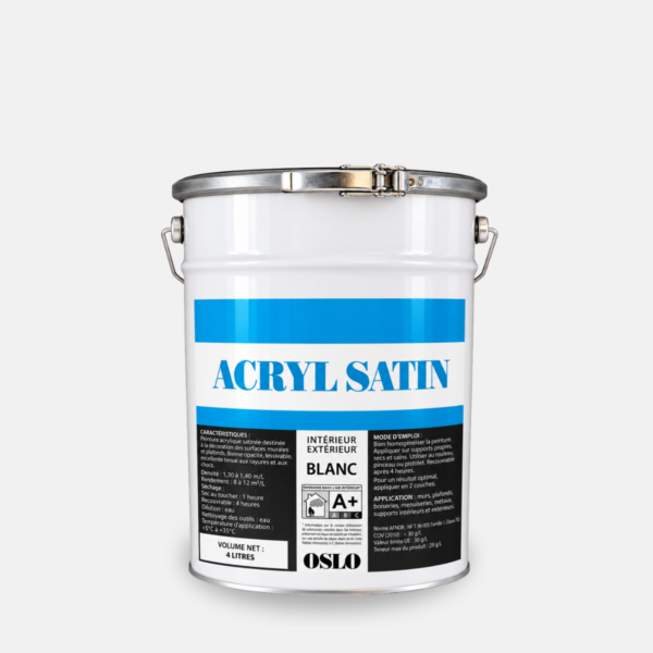 Galon de peinture blanc 4l de la marque OSLO de la gamme acrylique satin pour l'intérieure.
