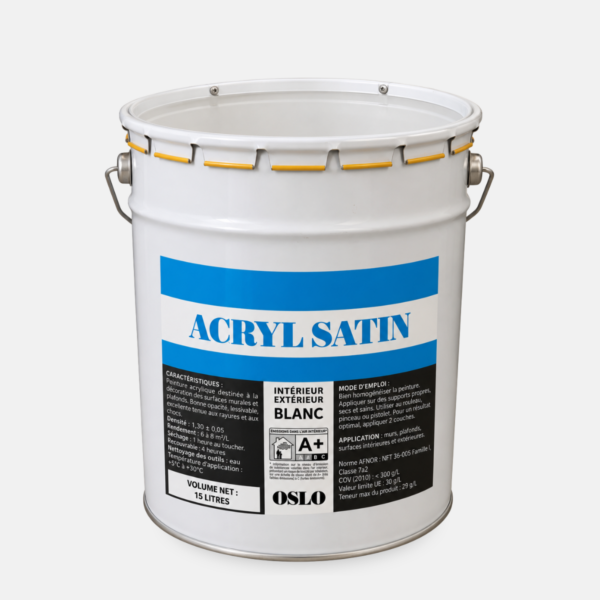 Touque de peinture 15 litres blanche de la marque OSLO gamme acrylique satin pour l'intérieur.