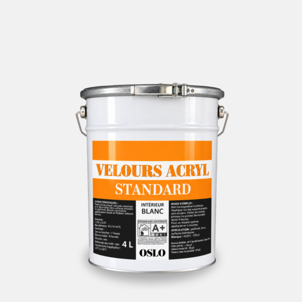 Galon de peinture blanc 4L de la marque OSLO de la gamme velours acrylique pour l'intérieure.