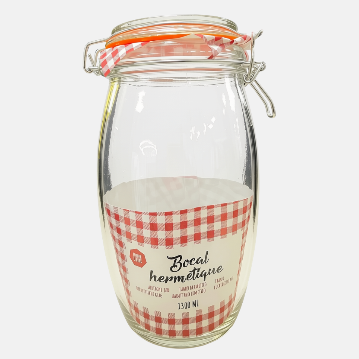 Bocal hermétique à clip de 1.3L en verre.