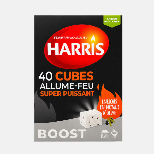 40 cubes allume-feu de la marque HARRIS enrichis en noyeau d'olie BOOST.