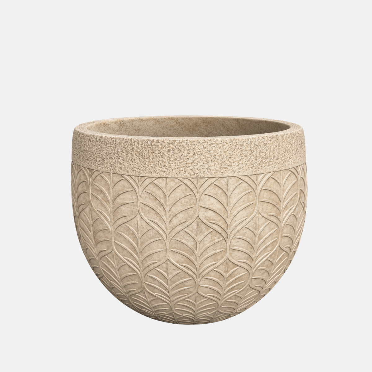 Cache pot effet pierre avec motif végétaux avec 40 cm de diamètre pour 30.5 cm de hauteur.