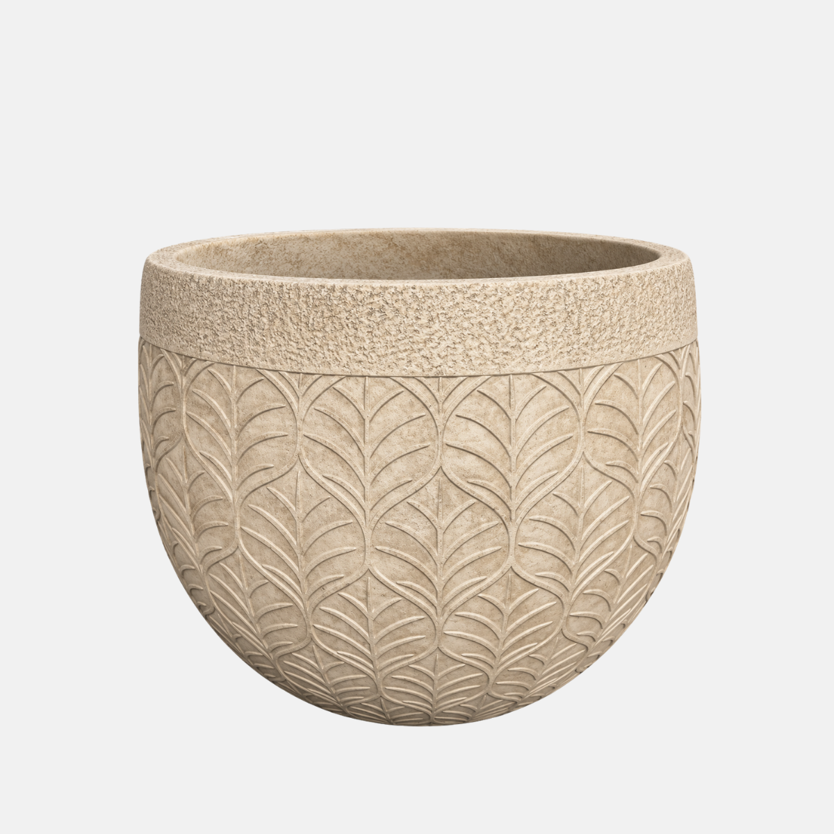 JA02730-cache-pot-d50-h38-rcw-4035c Cache pot effet pierre avec motif végétaux avec 50 cm de diamètre pour 38 cm de hauteur.