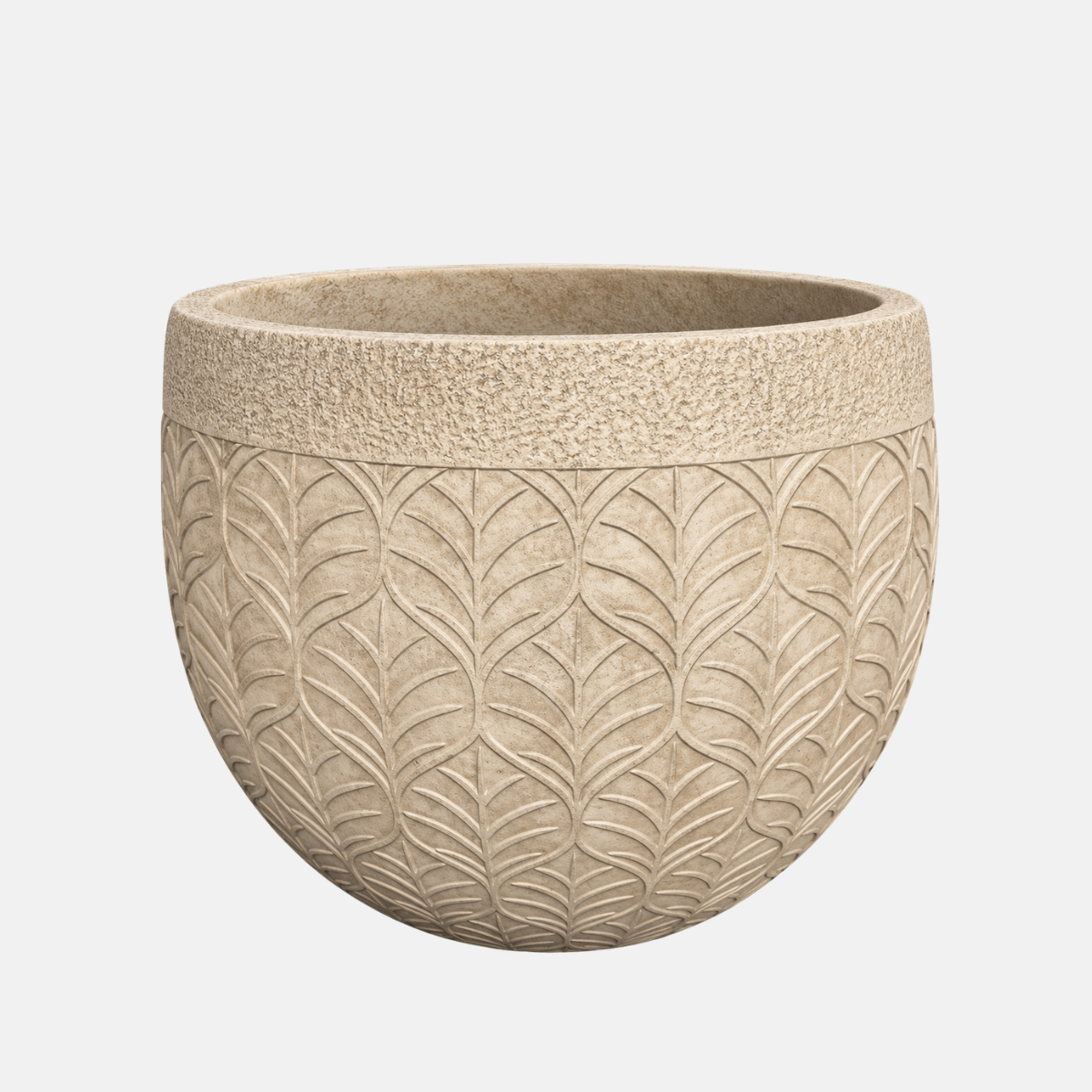 JA02731-cache-pot-d62-h46-rcw-4035d Cache pot effet pierre avec motif végétaux avec 62 cm de diamètre pour 46 cm de hauteur.
