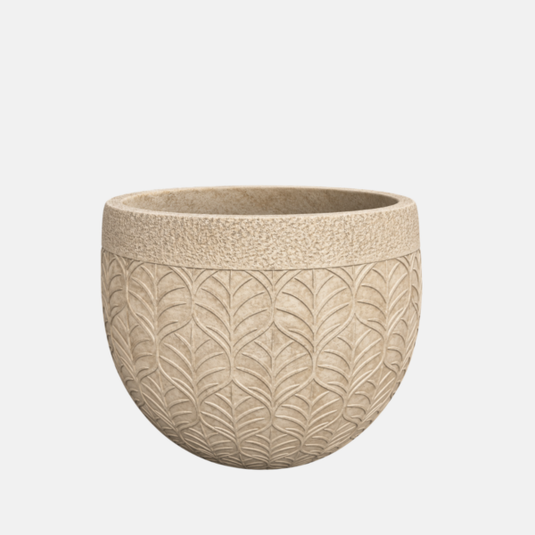 Cache pot effet pierre avec motif végétaux avec 30 cm de diamètre pour 23 cm de hauteur.